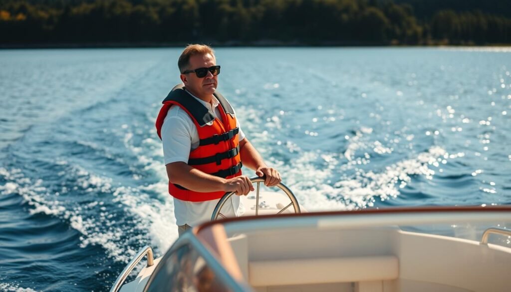 A boat operator standing on the deck of a motorboat, wearing a life jacket and sunglasses, intently focused on navigating the vessel across a calm, sparkling blue lake. The boat's sleek, white hull cuts through the still water, leaving a gentle wake in its path. Warm sunlight bathes the scene, creating glimmering reflections on the surface. The operator's expression is one of concentration, their hands firmly gripping the steering wheel as they expertly guide the boat. The background features a lush, forested shoreline, hinting at the tranquil, natural setting. This image captures the skilled and responsible nature of a boat operator, ready to confront any potential mechanical or equipment-related challenges that may arise during the journey.