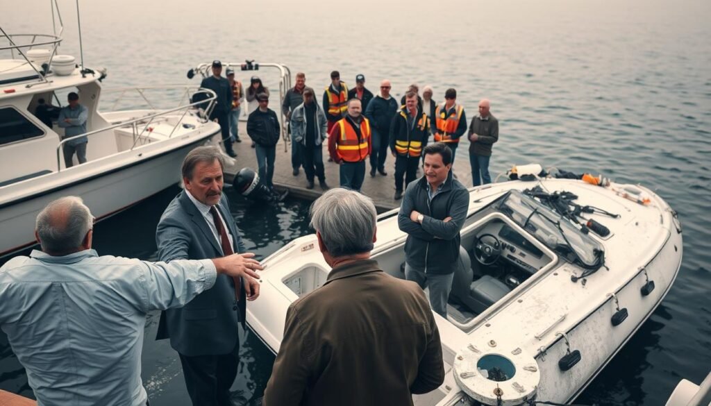 A bustling harbor scene, where a group of individuals stand amid a partially submerged boat, contemplating the aftermath of a boating accident. In the foreground, a concerned boat rental company representative gestures toward the damaged vessel, while a distraught boat owner and a perplexed manufacturer's engineer discuss potential liability. In the middle ground, bystanders and emergency responders assess the situation, their expressions reflecting the gravity of the incident. The background is a hazy, overcast sky, casting a somber tone over the scene. The lighting is soft, with muted shadows and highlights emphasizing the emotional weight of the moment. The camera angle is a high, three-quarter view, providing a comprehensive overview of the unfolding events.