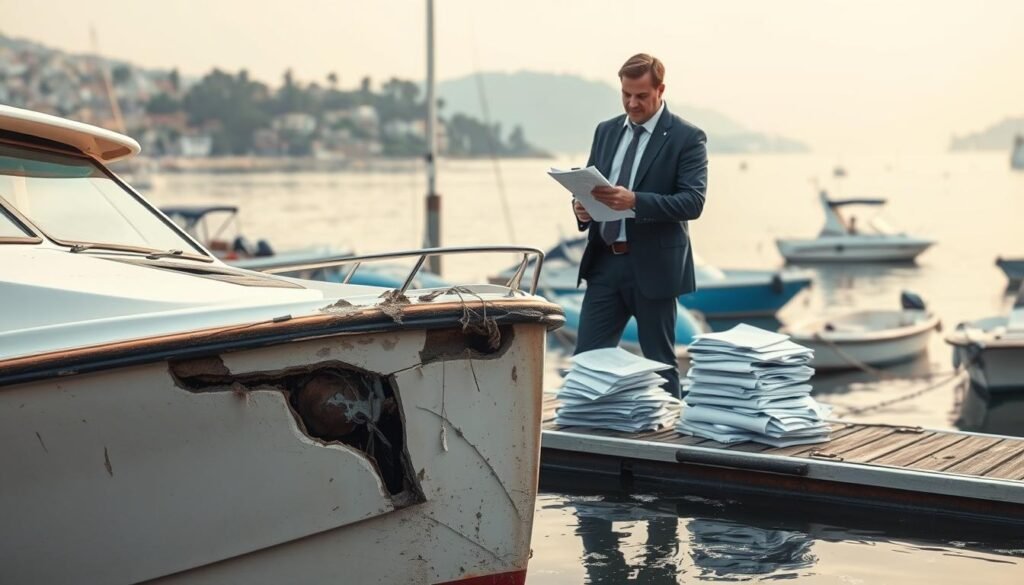 A detailed, realistic scene of an insurance recovery process after a boat accident. A damaged boat sits in the foreground, its hull cracked and water-logged. In the middle ground, an insurance agent examines the damage, clipboard in hand, surrounded by piles of paperwork. The background shows a calm harbor, with other boats moored and a picturesque coastal landscape in the distance. The lighting is soft and natural, with a slight haze suggesting an overcast day. The overall mood is one of concern and assessment, as the insurance recovery process unfolds.