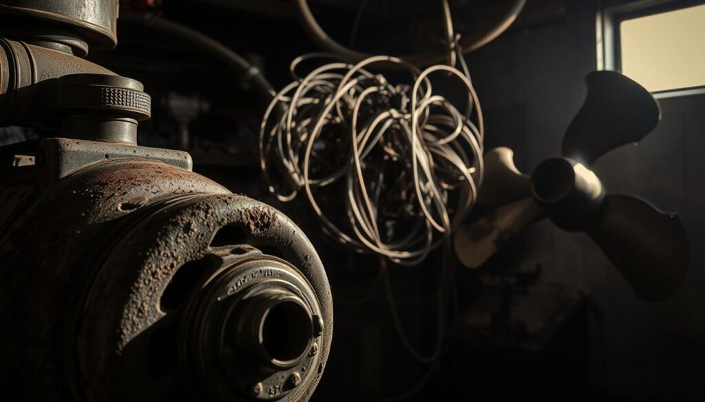 A dimly lit industrial workshop, showcasing an array of common mechanical failures. In the foreground, a corroded and worn-out engine component, its surface pitted and rusted. In the middle ground, a tangled web of damaged wires and hoses, highlighting electrical system breakdowns. In the background, a cracked and damaged propeller, a testament to the harsh conditions that can lead to structural failures. The lighting is harsh and moody, casting dramatic shadows that accentuate the mechanical deterioration. The overall atmosphere conveys a sense of neglect and the consequences of poor maintenance, creating a visually compelling illustration of the types of defective equipment that can contribute to boating accidents.