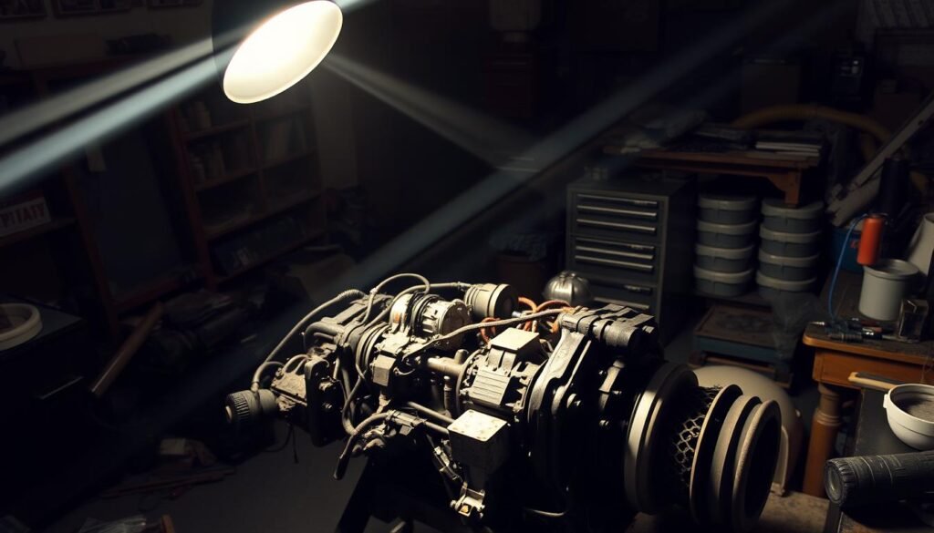 A dimly lit workshop, filled with the clutter of mechanical parts and tools. In the center, a boat engine lies disassembled, its intricate components meticulously arranged on a workbench, ready for forensic examination. Beams of light from a high-angle lamp cast long shadows, emphasizing the complexity of the machinery and the painstaking process of identifying the root cause of the malfunction. The atmosphere is one of focused investigation, where every detail holds the potential to uncover the truth and determine liability in a boat accident involving defective equipment.