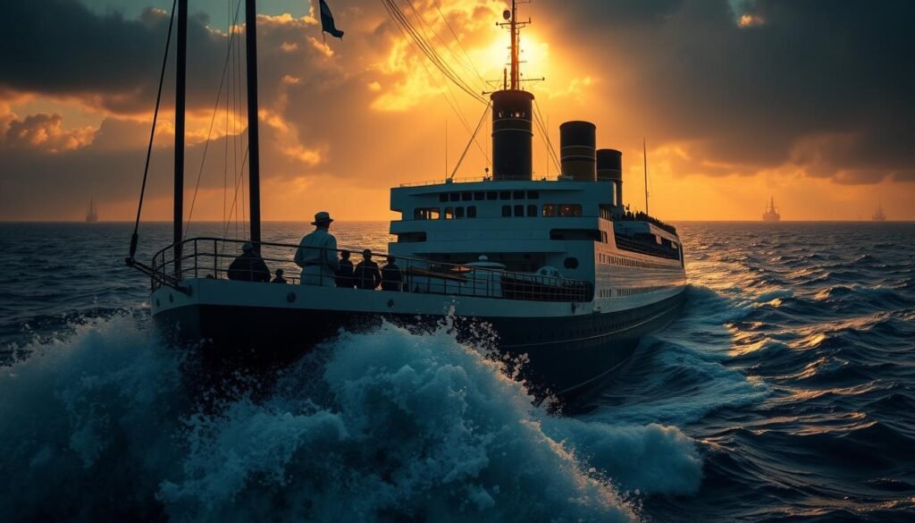 A dramatic, cinematic scene of a majestic ocean liner navigating through choppy waves, with the sun casting a warm glow over the scene. In the foreground, a group of sailors expertly maneuvering the ship, their faces etched with determination. The middle ground features the ship's elegant, Art Deco-inspired design, evoking a bygone era of seafaring. In the background, the distant horizon is dotted with other vessels, suggesting the bustling activity of a vibrant maritime world, governed by a complex legal framework. The lighting is moody and atmospheric, capturing the weight and gravity of maritime law.