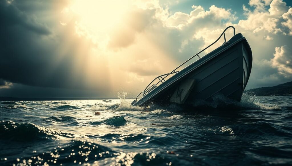 A dramatic, partially submerged motorboat with a damaged hull and debris floating in the foreground of a choppy, windblown lake. Sunlight filters through ominous storm clouds, casting dramatic shadows across the scene. The camera angle is low, emphasizing the boat's precarious tilt and the sense of danger. The focus is sharp on the boat's structural damage, hinting at a product failure or maintenance issue that led to the accident. The overall mood is one of tension and urgency, conveying the seriousness of the situation and the need to investigate the causes.
