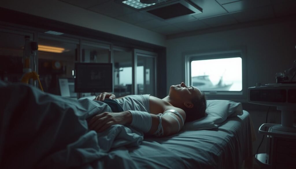 A hospital bed in a dimly lit emergency room, with medical equipment and supplies scattered around. A patient, their body bandaged and bruised, lies unconscious, their face partially obscured. The scene is illuminated by the soft glow of overhead lighting, casting shadows that add depth and drama. In the background, the faint outline of a boat wreck can be seen through the window, hinting at the accident that led to this medical emergency. The atmosphere is tense, conveying the urgency and gravity of the situation. The image captures the critical medical proof needed to support a boat accident injury claim.