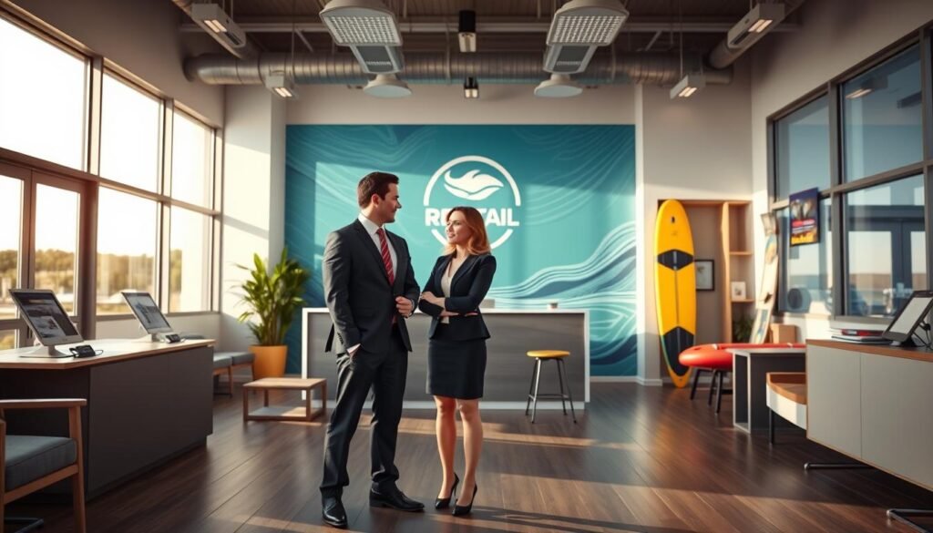 A modern office interior with large windows, a sleek reception desk, and a branded backdrop wall showcasing the rental company's logo. Bright, natural lighting filters through, creating a professional and welcoming atmosphere. In the foreground, a male and female employee in business attire stand together, engaged in a conversation, conveying a sense of customer service and liability awareness. The middle ground features comfortable seating areas and informational displays, while the background subtly hints at the rental equipment, such as kayaks or paddleboards, emphasizing the company's offerings. An overall tone of trustworthiness, transparency, and attention to safety regulations.