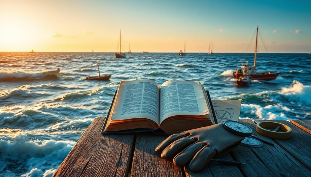 A vast expanse of blue ocean, crashing waves lapping against a weathered wooden dock. In the distance, a fleet of fishing boats and cargo vessels navigate the open waters, their masts and sails silhouetted against the golden sunset. At the center, a weathered maritime law tome lies open, its pages fluttering in the salty breeze. Around it, nautical charts, compasses, and a pair of worn leather gloves hint at the intricacies of maritime jurisdiction and the laws that govern the high seas. The scene is bathed in a warm, golden light, conveying a sense of timelessness and the enduring traditions of seafaring and legal protections.