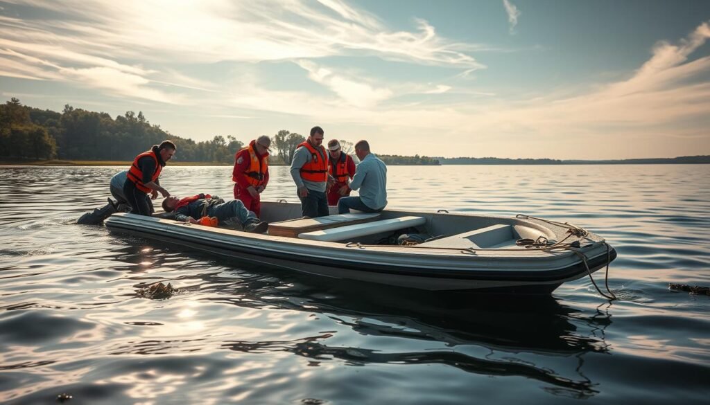 A vibrant scene of a boating accident on a serene lake, with sunlight filtering through wispy clouds. In the foreground, a damaged boat sits partially submerged, with life jackets and debris floating nearby. The middle ground captures emergency responders tending to injured individuals, their expressions conveying concern. In the background, a picturesque shoreline with lush trees and a calm, reflective surface, creating a sense of tranquility against the unfolding crisis. The lighting is soft and natural, casting warm hues across the scene. The overall atmosphere evokes a somber yet hopeful tone, emphasizing the importance of comprehensive compensation and insurance coverage in such situations.