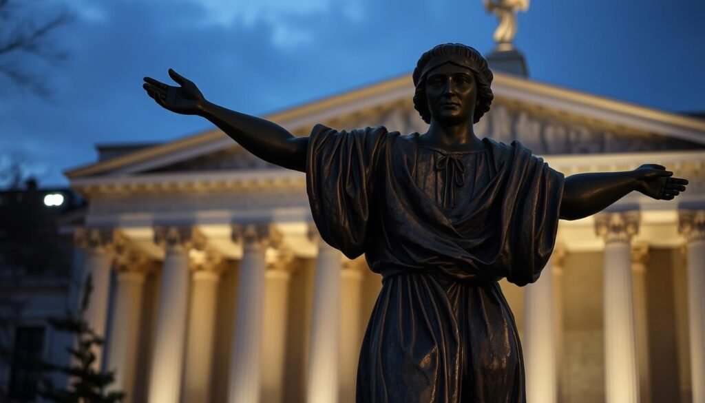 A weathered bronze statue stands tall against a backdrop of a dimly lit courthouse, its intricate details casting long shadows in the fading light. The figure's outstretched arm symbolizes the timeless nature of the law, while the worn, patinated surface evokes the passage of time. The scene is imbued with a sense of gravitas and solemnity, conveying the weight and significance of the "statute limitations" that govern the filing of legal claims. The composition is balanced, with the statue occupying the foreground and the stately building filling the middle ground, creating a sense of depth and perspective.
